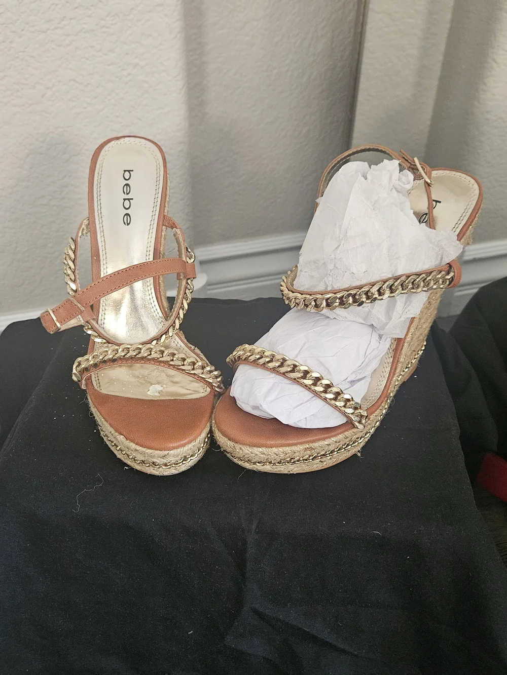 bebe Brown Wedge Sandals with Gold Chain Detail